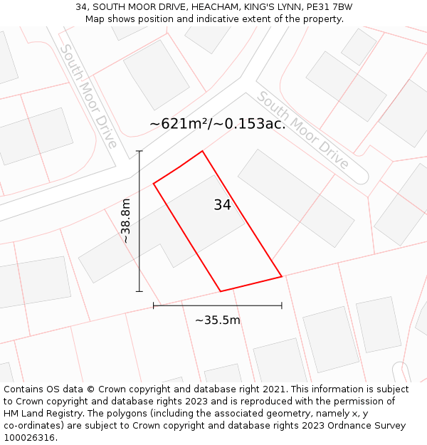 34, SOUTH MOOR DRIVE, HEACHAM, KING'S LYNN, PE31 7BW: Plot and title map