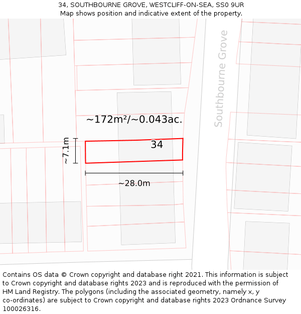 34, SOUTHBOURNE GROVE, WESTCLIFF-ON-SEA, SS0 9UR: Plot and title map