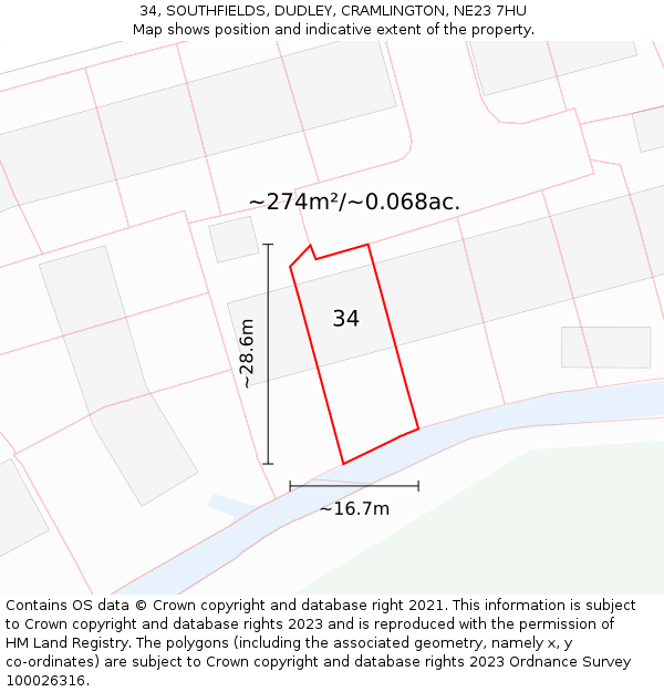 34, SOUTHFIELDS, DUDLEY, CRAMLINGTON, NE23 7HU: Plot and title map