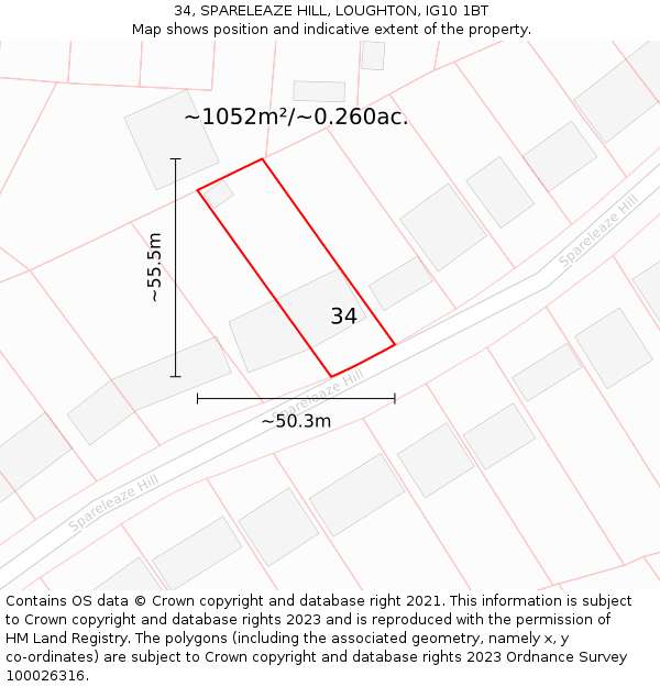 34, SPARELEAZE HILL, LOUGHTON, IG10 1BT: Plot and title map