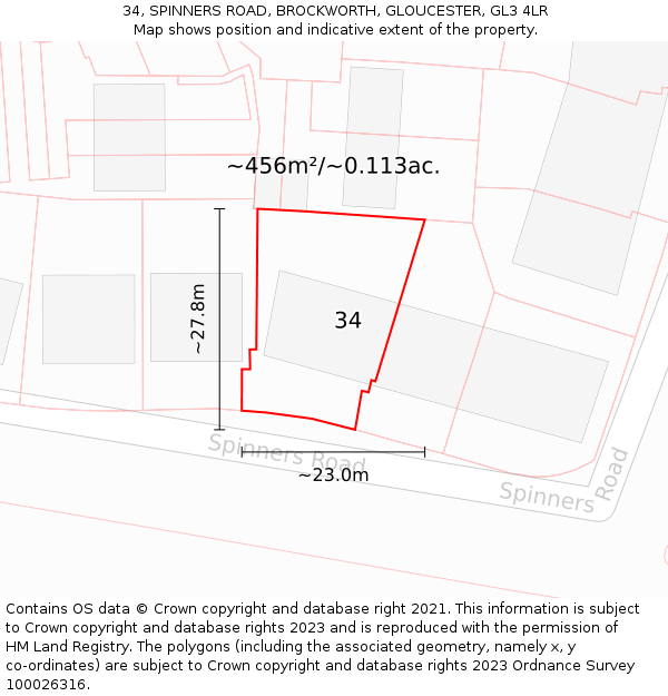 34, SPINNERS ROAD, BROCKWORTH, GLOUCESTER, GL3 4LR: Plot and title map