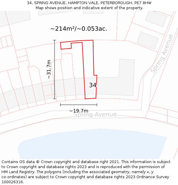 34, SPRING AVENUE, HAMPTON VALE, PETERBOROUGH, PE7 8HW: Plot and title map
