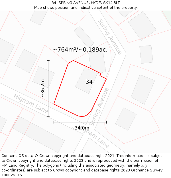 34, SPRING AVENUE, HYDE, SK14 5LT: Plot and title map
