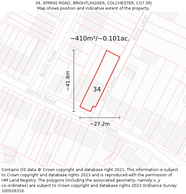 34, SPRING ROAD, BRIGHTLINGSEA, COLCHESTER, CO7 0PJ: Plot and title map