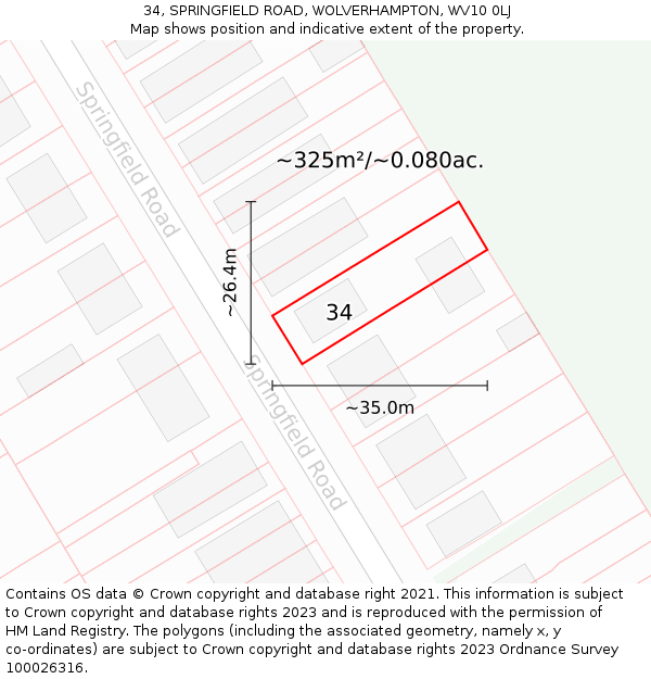 34, SPRINGFIELD ROAD, WOLVERHAMPTON, WV10 0LJ: Plot and title map