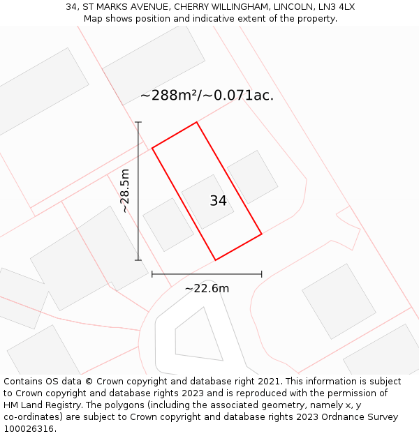 34, ST MARKS AVENUE, CHERRY WILLINGHAM, LINCOLN, LN3 4LX: Plot and title map