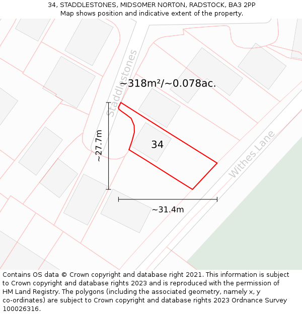 34, STADDLESTONES, MIDSOMER NORTON, RADSTOCK, BA3 2PP: Plot and title map
