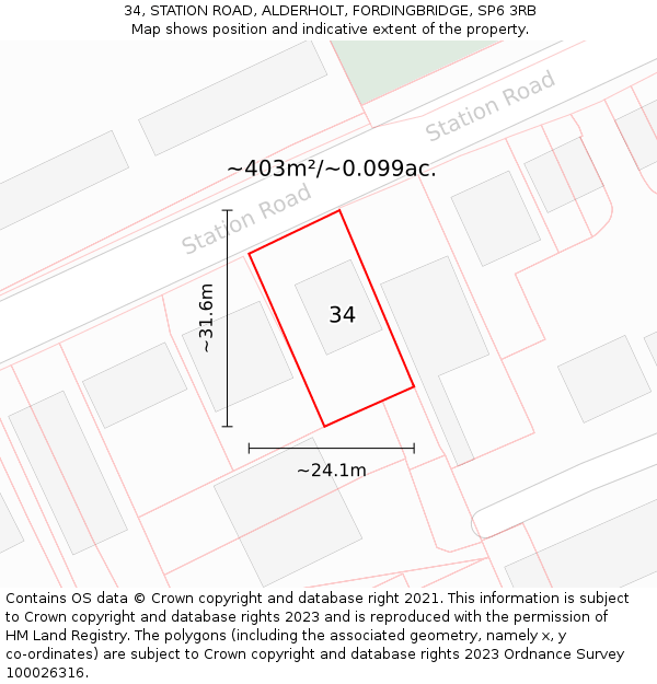 34, STATION ROAD, ALDERHOLT, FORDINGBRIDGE, SP6 3RB: Plot and title map