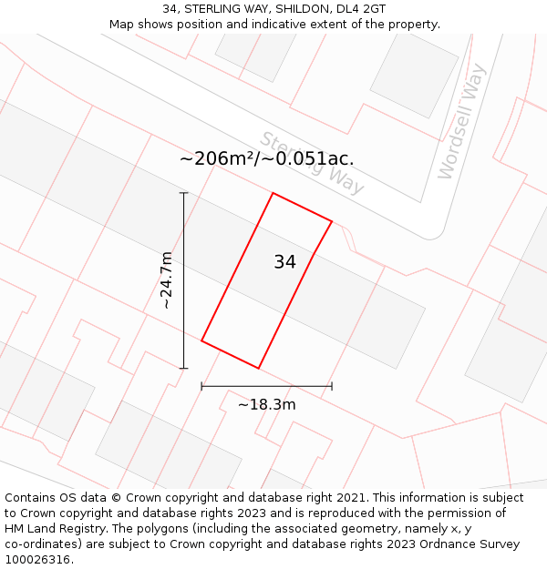 34, STERLING WAY, SHILDON, DL4 2GT: Plot and title map