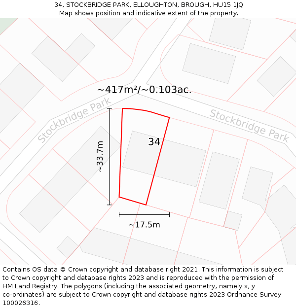 34, STOCKBRIDGE PARK, ELLOUGHTON, BROUGH, HU15 1JQ: Plot and title map