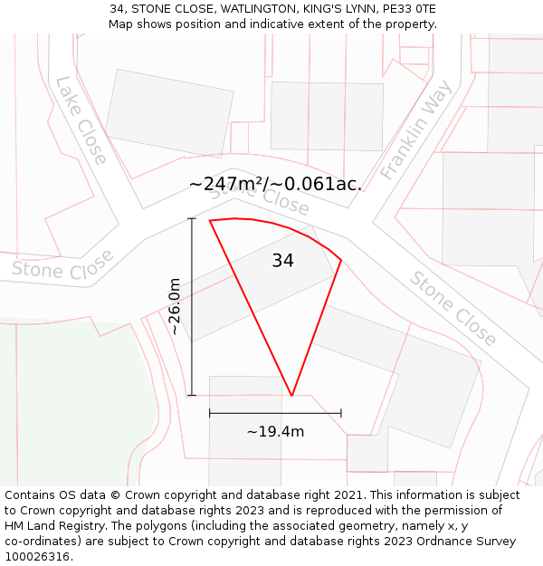 34, STONE CLOSE, WATLINGTON, KING'S LYNN, PE33 0TE: Plot and title map