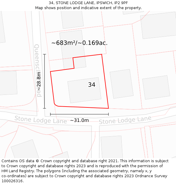 34, STONE LODGE LANE, IPSWICH, IP2 9PF: Plot and title map