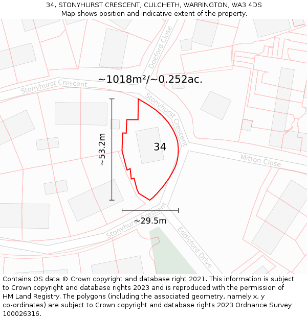 34, STONYHURST CRESCENT, CULCHETH, WARRINGTON, WA3 4DS: Plot and title map