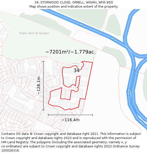 34, STORWOOD CLOSE, ORRELL, WIGAN, WN5 8SD: Plot and title map