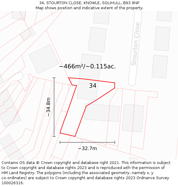 34, STOURTON CLOSE, KNOWLE, SOLIHULL, B93 9NP: Plot and title map