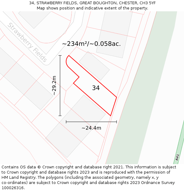 34, STRAWBERRY FIELDS, GREAT BOUGHTON, CHESTER, CH3 5YF: Plot and title map