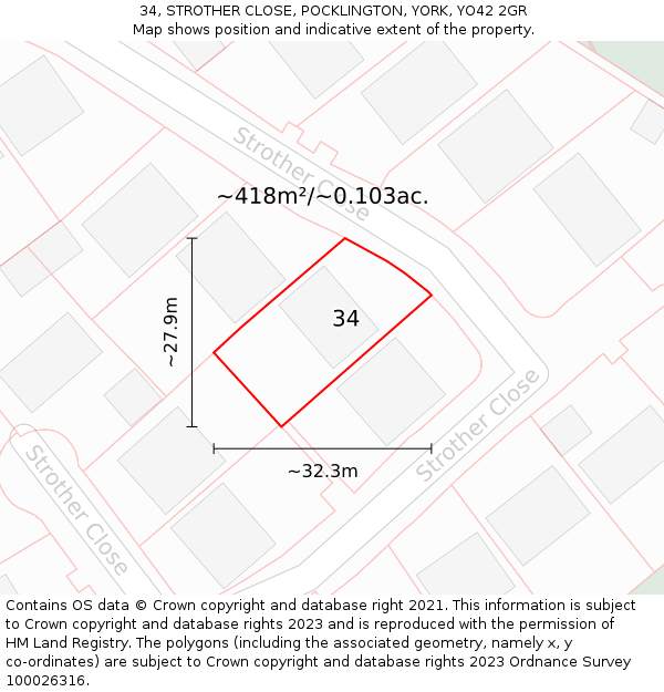 34, STROTHER CLOSE, POCKLINGTON, YORK, YO42 2GR: Plot and title map