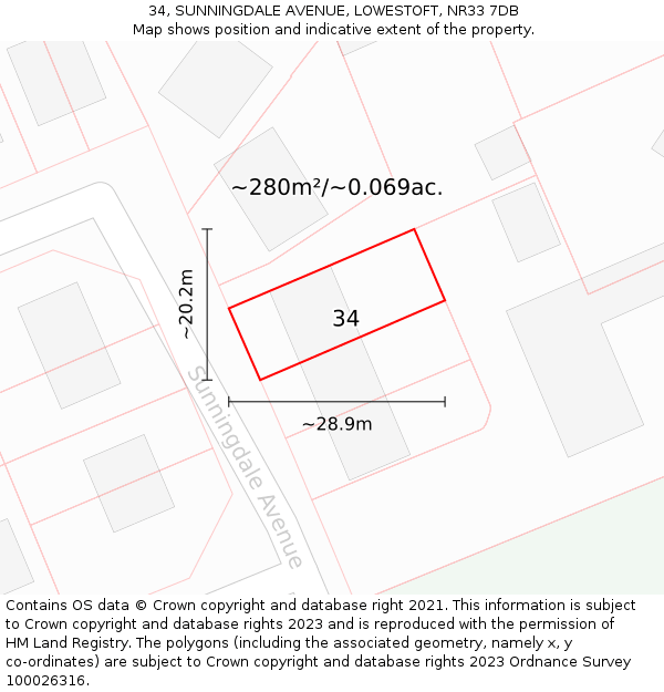 34, SUNNINGDALE AVENUE, LOWESTOFT, NR33 7DB: Plot and title map