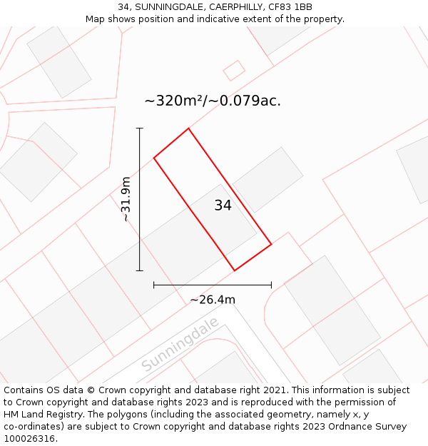 34, SUNNINGDALE, CAERPHILLY, CF83 1BB: Plot and title map