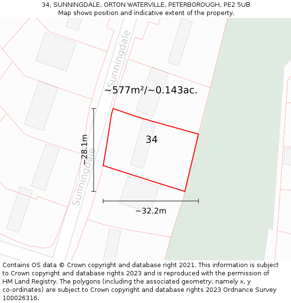 34, SUNNINGDALE, ORTON WATERVILLE, PETERBOROUGH, PE2 5UB: Plot and title map