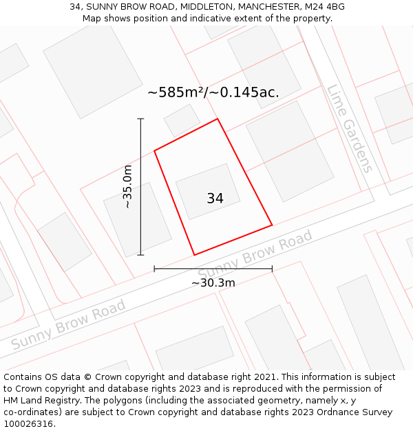 34, SUNNY BROW ROAD, MIDDLETON, MANCHESTER, M24 4BG: Plot and title map