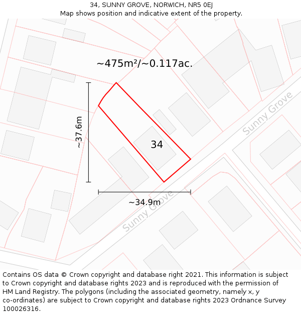 34, SUNNY GROVE, NORWICH, NR5 0EJ: Plot and title map