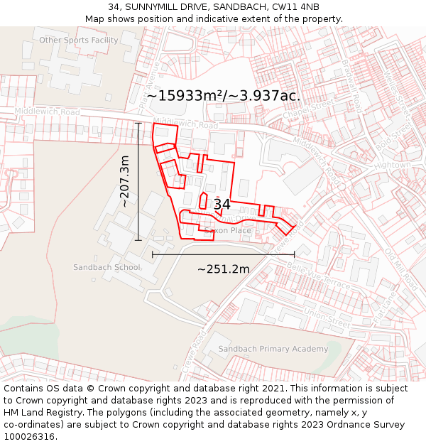 34, SUNNYMILL DRIVE, SANDBACH, CW11 4NB: Plot and title map