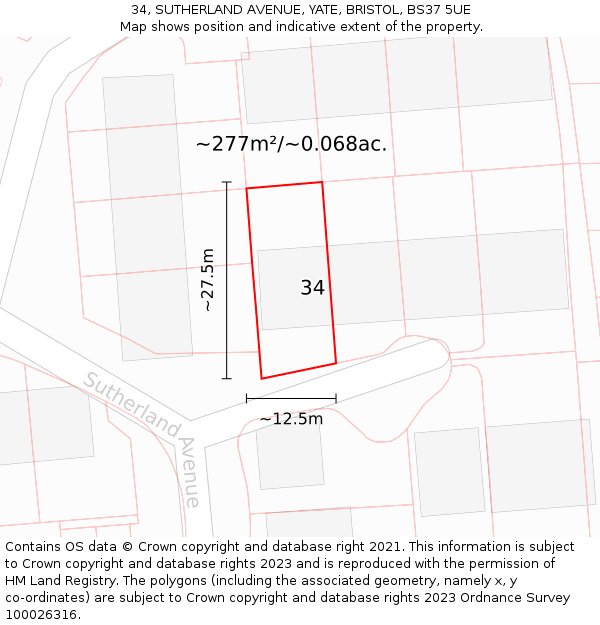 34, SUTHERLAND AVENUE, YATE, BRISTOL, BS37 5UE: Plot and title map