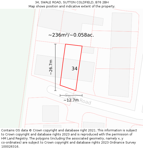 34, SWALE ROAD, SUTTON COLDFIELD, B76 2BH: Plot and title map