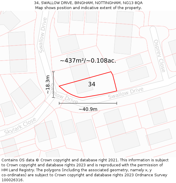 34, SWALLOW DRIVE, BINGHAM, NOTTINGHAM, NG13 8QA: Plot and title map