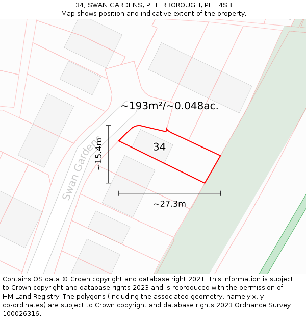 34, SWAN GARDENS, PETERBOROUGH, PE1 4SB: Plot and title map