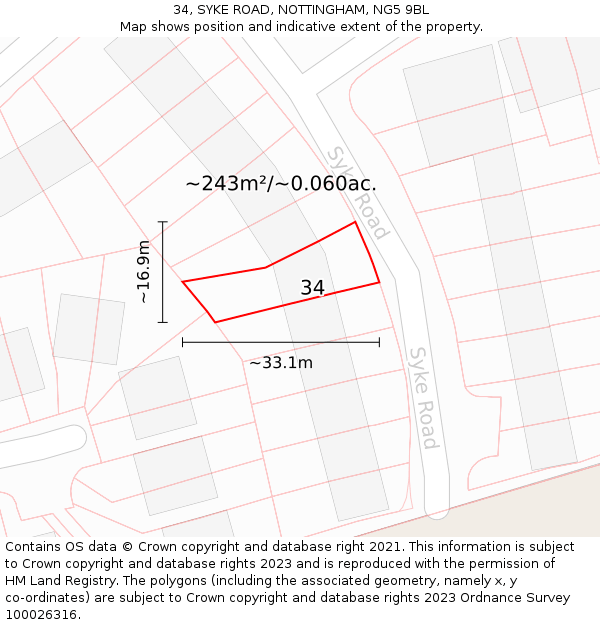 34, SYKE ROAD, NOTTINGHAM, NG5 9BL: Plot and title map
