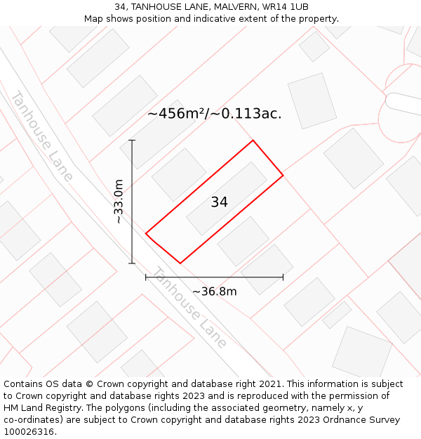 34, TANHOUSE LANE, MALVERN, WR14 1UB: Plot and title map