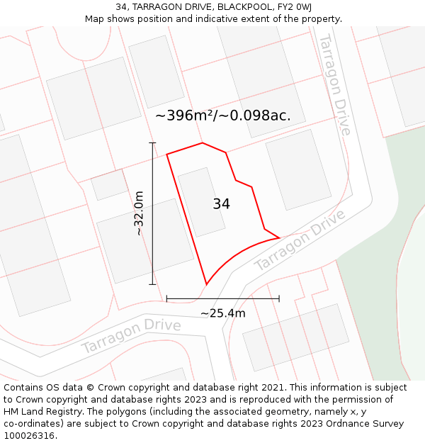 34, TARRAGON DRIVE, BLACKPOOL, FY2 0WJ: Plot and title map