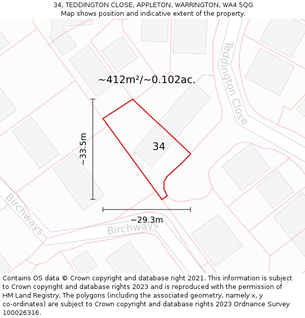 34, TEDDINGTON CLOSE, APPLETON, WARRINGTON, WA4 5QG: Plot and title map