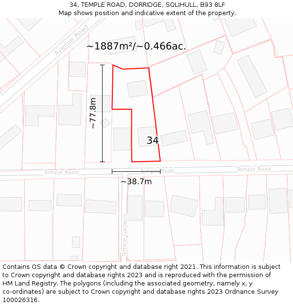34, TEMPLE ROAD, DORRIDGE, SOLIHULL, B93 8LF: Plot and title map