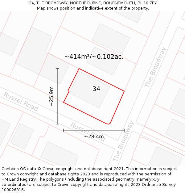 34, THE BROADWAY, NORTHBOURNE, BOURNEMOUTH, BH10 7EY: Plot and title map