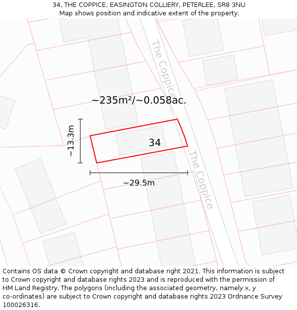 34, THE COPPICE, EASINGTON COLLIERY, PETERLEE, SR8 3NU: Plot and title map