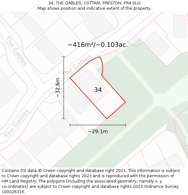 34, THE GABLES, COTTAM, PRESTON, PR4 0LG: Plot and title map