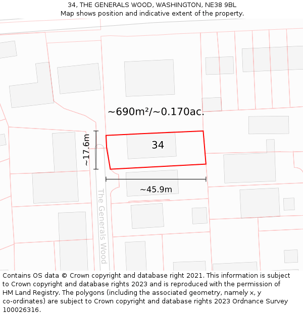 34, THE GENERALS WOOD, WASHINGTON, NE38 9BL: Plot and title map