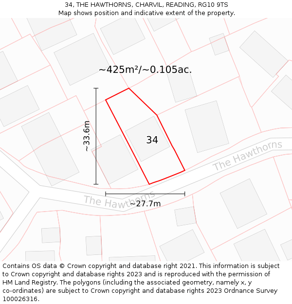 34, THE HAWTHORNS, CHARVIL, READING, RG10 9TS: Plot and title map