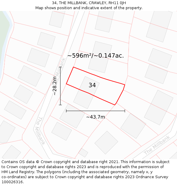 34, THE MILLBANK, CRAWLEY, RH11 0JH: Plot and title map