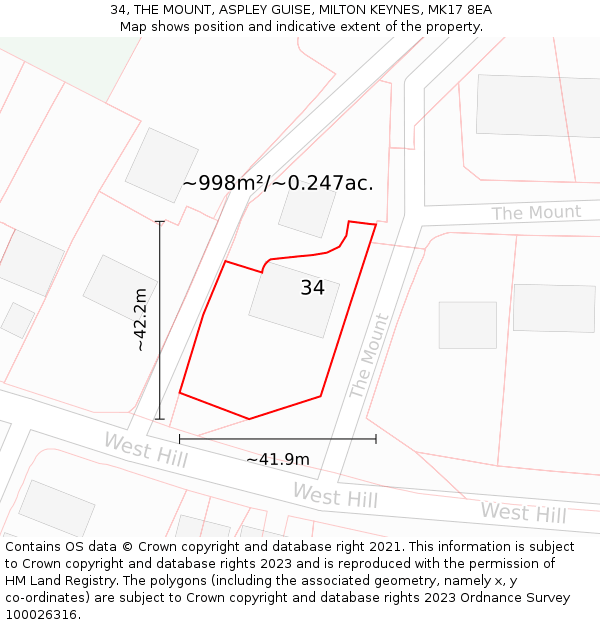 34, THE MOUNT, ASPLEY GUISE, MILTON KEYNES, MK17 8EA: Plot and title map
