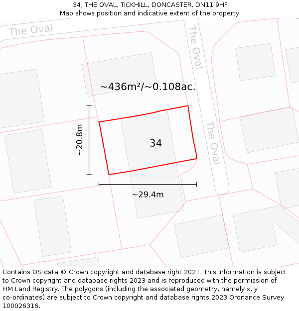 34, THE OVAL, TICKHILL, DONCASTER, DN11 9HF: Plot and title map