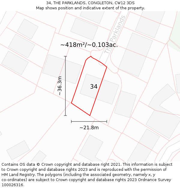 34, THE PARKLANDS, CONGLETON, CW12 3DS: Plot and title map
