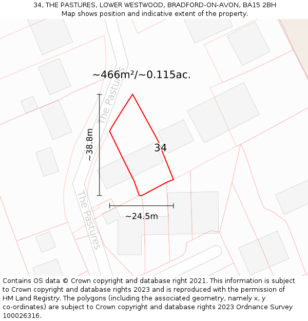 34, THE PASTURES, LOWER WESTWOOD, BRADFORD-ON-AVON, BA15 2BH: Plot and title map