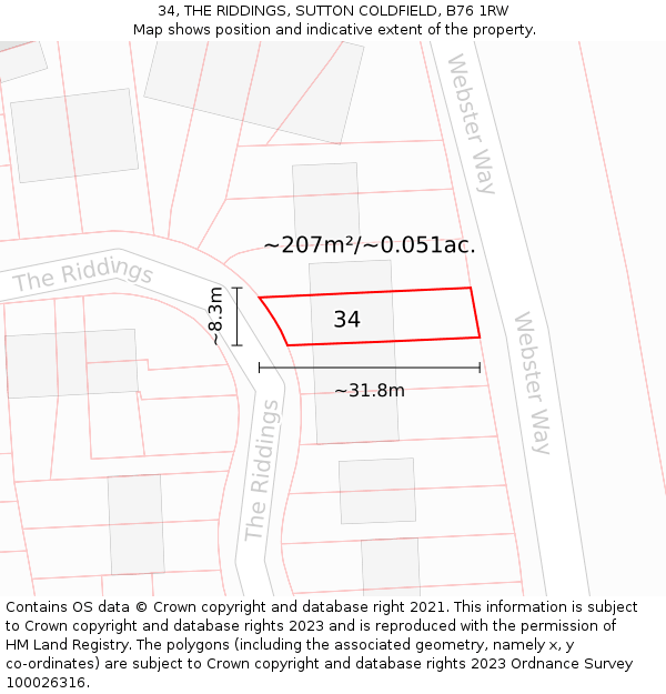 34, THE RIDDINGS, SUTTON COLDFIELD, B76 1RW: Plot and title map