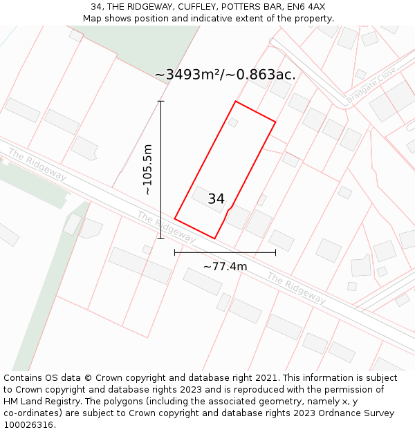 34, THE RIDGEWAY, CUFFLEY, POTTERS BAR, EN6 4AX: Plot and title map