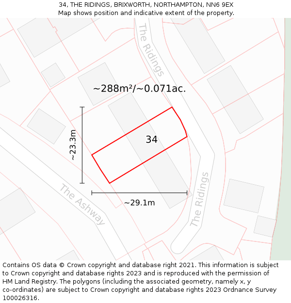 34, THE RIDINGS, BRIXWORTH, NORTHAMPTON, NN6 9EX: Plot and title map