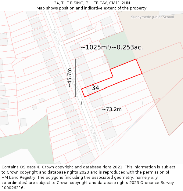 34, THE RISING, BILLERICAY, CM11 2HN: Plot and title map
